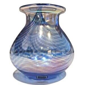Arnold Larson Blue Hand Blown Crystal Pulled Feather Iridescent Vase 6” Vtg